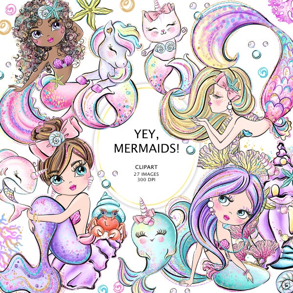 Mermaids Clipart, Mermaid Planner Stickers, Mermaid Sublimaion Design, Mermaid Unicorn, Mermaid Cat, Narwhal Clipart, Baby Shark