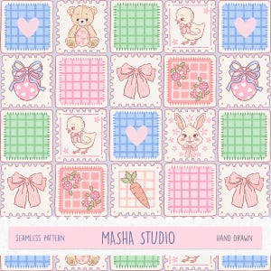 May include: A seamless pattern featuring a repeating design of pastel-colored squares with various illustrations. The squares include a teddy bear, a chick, a bunny, bows, hearts, flowers, and a carrot. The text "MASHA STUDIO" and "HAND DRAWN" are also present.