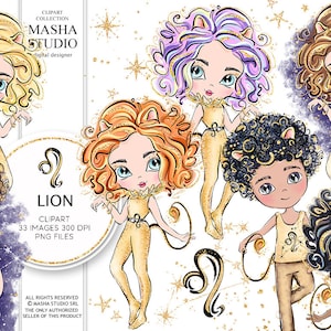 May include: Digital clipart of six cartoon lion zodiac signs. Each sign is a girl with a different hair color and skin tone. The girls are wearing gold lion costumes with a gold star background.