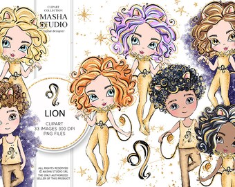 Masha Studio's Zodiac Leo Sign, Leo Clipart, Zodiac Clipart, Astrology Clipart, Leo Girl Clipart, Leo Boy Clipart, Zodiac Illustrations