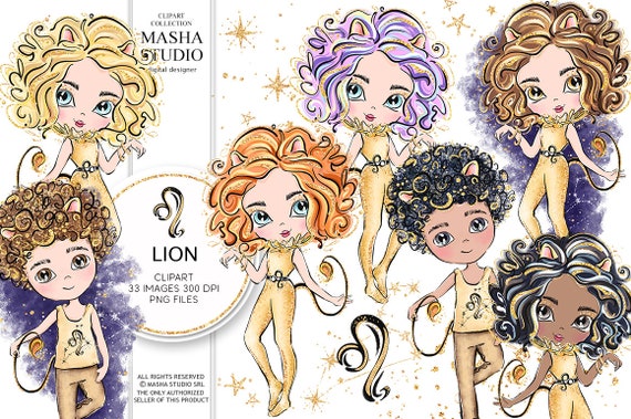 Masha Studio's Zodiac Leo Sign, Leo Clipart, Zodiac Clipart, Astrology Clipart, Leo Girl Clipart, Leo Boy Clipart, Zodiac Illustrations