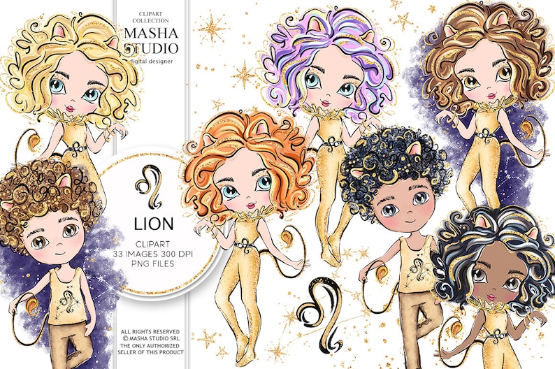 May include: Digital clipart of six cartoon lion zodiac signs. Each sign is a girl with a different hair color and skin tone. The girls are wearing gold lion costumes with a gold star background.