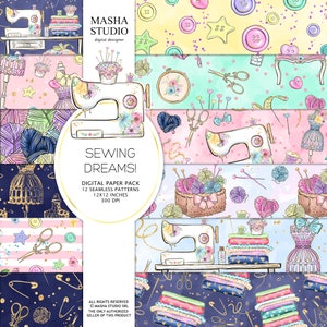 Masha Studio's Sewing Digital Paper, Sewing Machine Digital Paper, Fabrics Patterns, Crafters Planner Stickers, Sewing Custom Fabrics