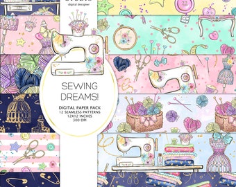 May include: A digital paper pack with 12 seamless patterns featuring sewing themed illustrations. The patterns include sewing machines, buttons, yarn, scissors, and other sewing supplies. The patterns are in a watercolour style with a pink, blue, and yellow colour scheme. The patterns are 12x12 inches and 300 DPI.  "Sewing Dreams!" is written in gold lettering on a white circle.