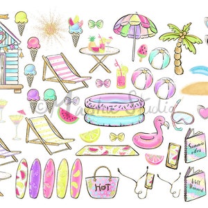 May include: A set of colorful summer-themed illustrations, including a beach hut, palm tree, ice cream cones, sunglasses, a pool float, a flamingo, surfboards, and a beach bag. The illustrations are drawn in a whimsical style with watercolor textures.