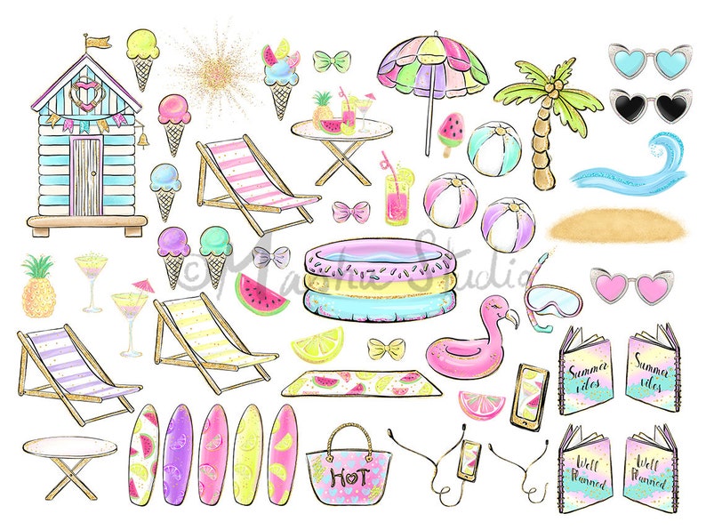 May include: A set of colorful summer-themed illustrations, including a beach hut, palm tree, ice cream cones, sunglasses, a pool float, a flamingo, surfboards, and a beach bag. The illustrations are drawn in a whimsical style with watercolor textures.