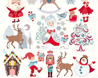 Christmas clipart: "DREAMY CHRISTMAS CLIPART" with Santa Claus clipart, winter clipart, elf clipart, reindeer, 17 images, 300 dpi. png files