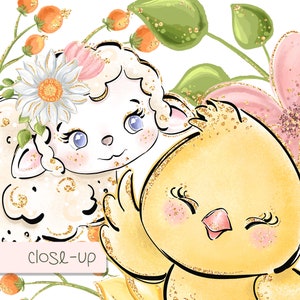 May include: A watercolor illustration of a yellow chick with a pink beak and a white lamb with a pink flower crown. Both animals have gold glitter accents. The background is white with green leaves and pink flowers.
