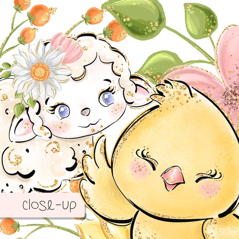 May include: A watercolor illustration of a yellow chick with a pink beak and a white lamb with a pink flower crown. Both animals have gold glitter accents. The background is white with green leaves and pink flowers.