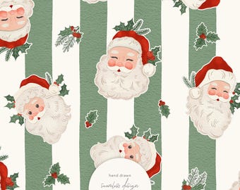 Cute Vintage Santa Claus Seamless Pattern by Masha Studio: Christmas Design with Green Stripes, Classic Holiday Pattern (Digital Download)
