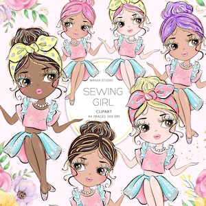 Masha Studio's Sewing Girl Clipart, Sewing Queen, Crafting Girls, Fashion Girls, Cute Girl illustratie, Girl Boss, Planner Girls Clipart
