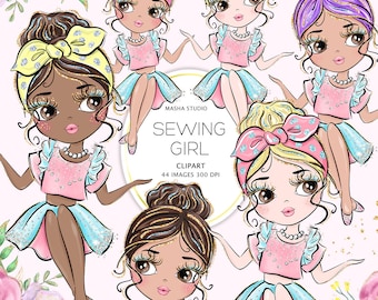 Masha Studio's Sewing Girl Clipart, Sewing Queen, Crafting Girls, Fashion Girls, Cute Girl illustration, Girl Boss, Planner Girls Clipart