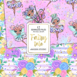 May include: A set of 12 digital seamless patterns featuring cute fairies with colorful wings and flowers on a pink background. The patterns are 300 DPI and are perfect for crafting, scrapbooking, and other creative projects. The text "Fairy tale" and "@MASHA STUDIO" is included in the image.