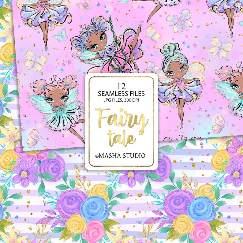 May include: A set of 12 digital seamless patterns featuring cute fairies with colorful wings and flowers on a pink background. The patterns are 300 DPI and are perfect for crafting, scrapbooking, and other creative projects. The text "Fairy tale" and "@MASHA STUDIO" is included in the image.