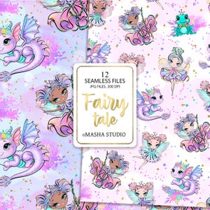 May include: A set of 12 seamless digital paper patterns featuring cute fairies, dragons, and floral elements on a pink and purple background. The patterns are perfect for scrapbooking, card making, and other craft projects.  "Fairy tale" and "@MASHA STUDIO" are written in the center of the image.