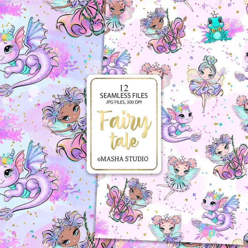 May include: A set of 12 seamless digital paper patterns featuring cute fairies, dragons, and floral elements on a pink and purple background. The patterns are perfect for scrapbooking, card making, and other craft projects.  "Fairy tale" and "@MASHA STUDIO" are written in the center of the image.