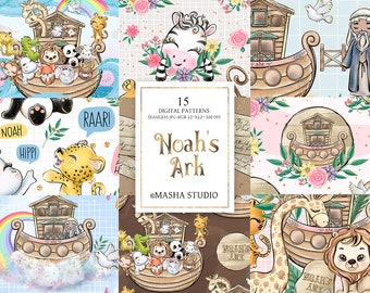 Noah's Ark Digital Papers, Noah's Ark Seamless Patterns, Cute Animals Patters, Religious Digital Papers, Fabric Design Prints, Kids Fabric