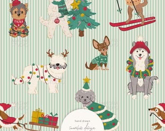 Christmas Dogs Seamless Pattern by Masha Studio, Dogs on Green Vertical Stripes, Dog Fabric Print, Hand Drawn ( Digital Download)