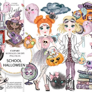 Halloween Clipart, School Clipart, Halloween Illustrations, Halloween Girl Clipart, Ghost Clipart, Skeleton Clipart, Cute Halloween Clipart