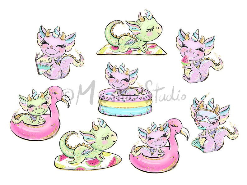 Dragons Clipart, Cute Dragon Clipart, Baby Dragon Clip Art, Summer Clipart, Activities Clipart, Planner Stickers, Beach Clipart, Summer Art image 5
