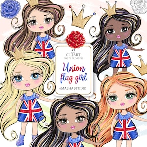 Union Girl Clipart, Clipart drapeau Union, Union Jack Girl Clipart, Union Jack robe Clipart, Clipart Sublimation, Masha Studio