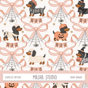 Cute Sausage Dog Trellis Seamless Pattern by Masha Studio, Coquette Bows Repeating Pattern File for Commercial Use, Halloween Dogs, Teckel