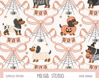 Cute Sausage Dog Trellis Seamless Pattern by Masha Studio, Coquette Bows Repeating Pattern File for Commercial Use, Halloween Dogs
