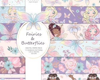Fairy Digital Papers, Butterfly Digital Paper, Flower Digital Paper, Fairy Pattern, Masha Studio, Children Fabric Design, Surface Pattern