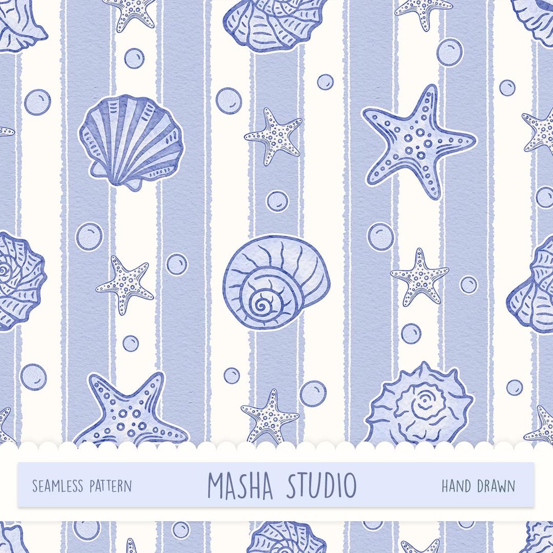 Blue Stripes and Shell Seamless Pattern: Preppy Seashell Repeat Pattern ...