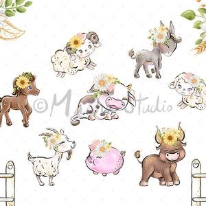 May include: A set of watercolor illustrations of farm animals with floral crowns. The animals include a cow, pig, goat, sheep, donkey, horse, and bull. The illustrations are perfect for use in scrapbooking, card making, or other craft projects.
