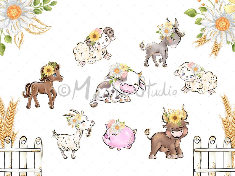 May include: A set of watercolor illustrations of farm animals with floral crowns. The animals include a cow, pig, goat, sheep, donkey, horse, and bull. The illustrations are perfect for use in scrapbooking, card making, or other craft projects.