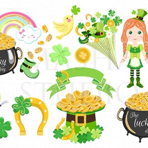 St Patricks Day Clipart Irish Girl Clipart Cute Leprechaun Illustration St Patricks Day Planner Stickers Gold Pot Clipart Gold Clipart image 4