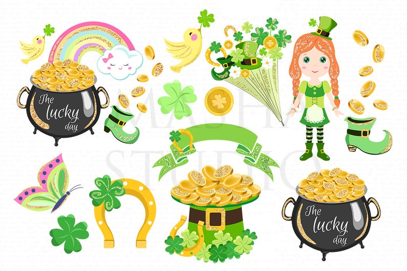 St Patricks Day Clipart Irish Girl Clipart Cute Leprechaun Illustration St Patricks Day Planner Stickers Gold Pot Clipart Gold Clipart image 4