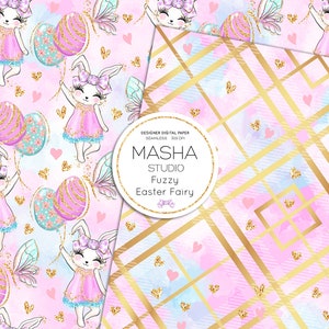 May include: Digital paper featuring a repeating pattern of a bunny fairy holding Easter egg balloons, with a pink and blue watercolor background. The design includes gold glitter accents and the text "Masha Studio Fuzzy Easter Fairy."