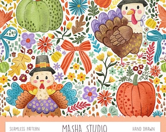Cute Thanksgiving Seamless Pattern by Masha Studio | Turkey and Floral File | Watercolor Fall Repeating Digital Paper for Commercial Use