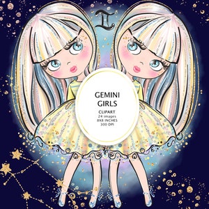 Puede incluir: Ilustraci&oacute;n digital de dos chicas de dibujos animados con pelo largo, rubio y azul, vestidas con vestidos amarillos. La imagen incluye el texto "GEMINI GIRLS" y otros detalles. El fondo es azul oscuro con detalles dorados y una constelaci&oacute;n.