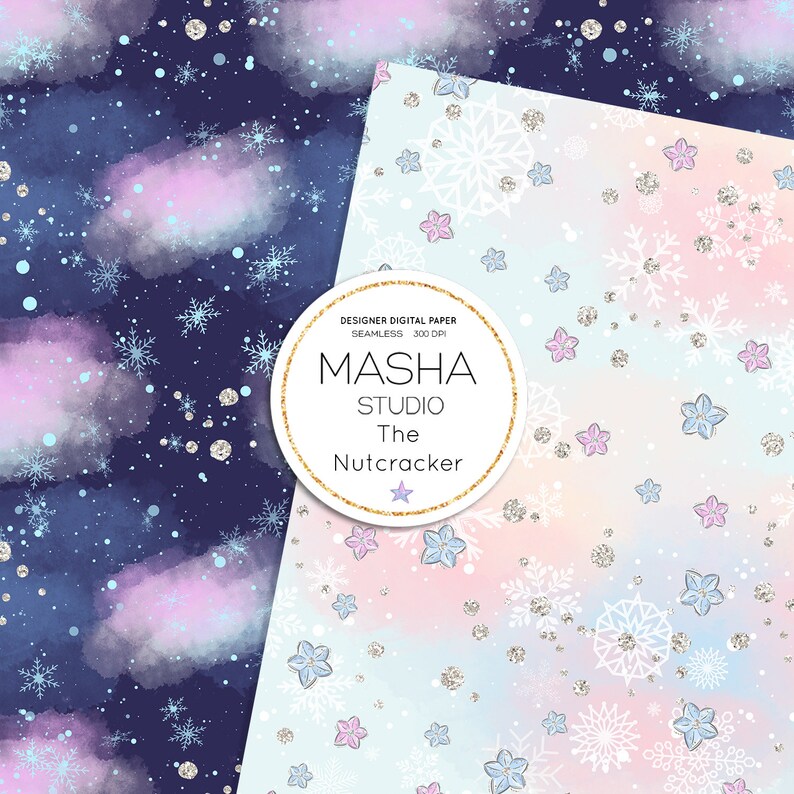 May include: Two seamless digital paper patterns featuring a winter wonderland theme. The first pattern is a dark blue background with white snowflakes, silver glitter, and light blue and pink watercolor clouds. The second pattern is a light pink and blue ombre background with white snowflakes, silver glitter, and light blue and pink flowers. The text "DESIGNER DIGITAL PAPER SEAMLESS 300 DPI MASHA STUDIO The Nutcracker" is in a white circle on the second pattern.