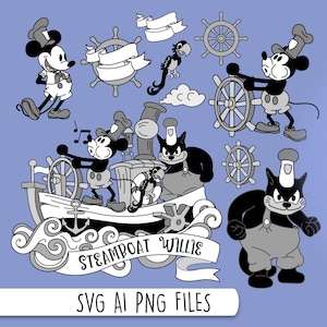 Puede incluir: Ilustración de dibujos animados en blanco y negro de Mickey Mouse y otros personajes de la película animada Steamboat Willie. La ilustración presenta a Mickey Mouse, un gato y un perro, todos con gorras de marinero. Los personajes están de pie en un barco con un gran ancla y las palabras "Steamboat Willie" escritas en el lateral. La ilustración está sobre un fondo azul claro.