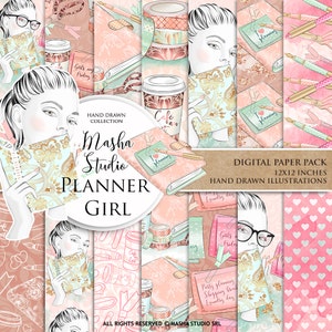 Planner Papers: Planner Girl Digital Paper with planning girl digital paper, planner paper, planner book, 14 images, 300 dpi. jpg files image 1