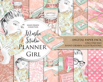 Planner Papers: "Planner Girl Digital Paper" with planning girl digital paper, planner paper, planner book, 14 images, 300 dpi. jpg files