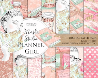 Planner Girl Digital Paper Pack: Hand-Drawn Illustrations (Digital Download)