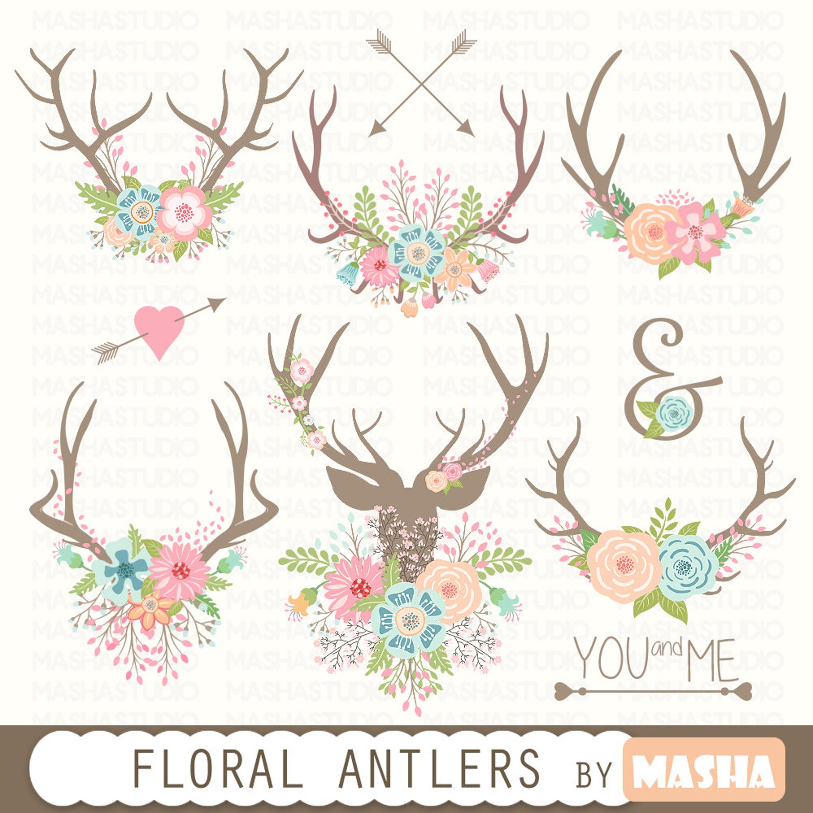 Floral Antlers: floral Antlers Antler Clipart - Etsy