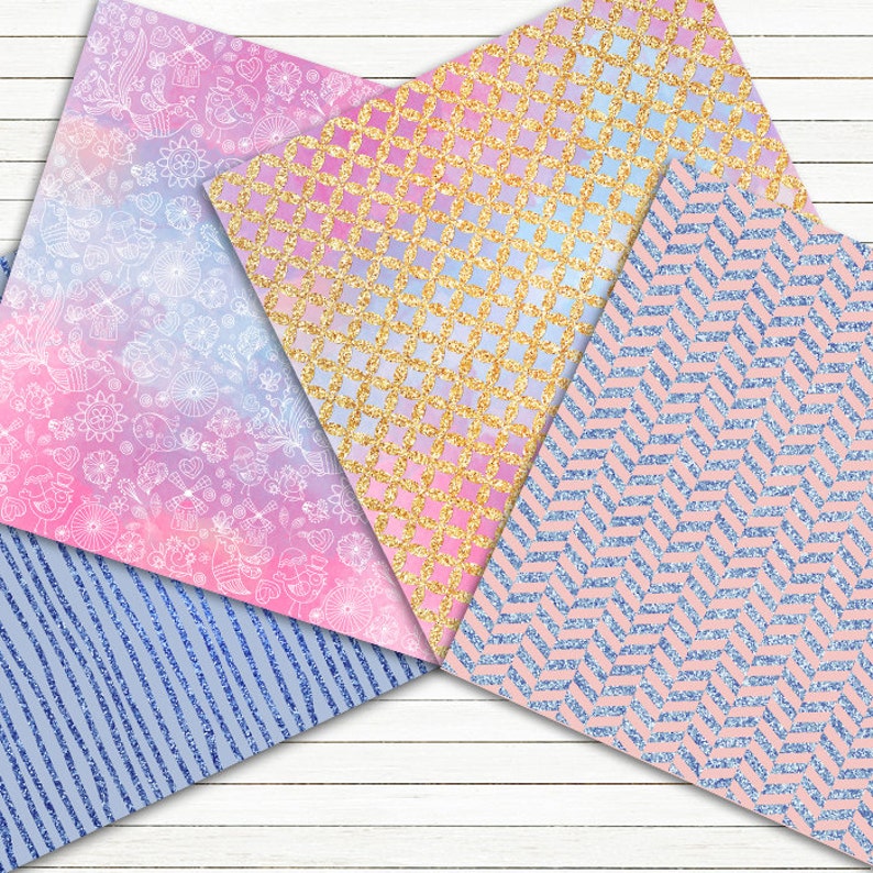 Summer digital papers: Rose Quartz and Serenity digital papers with blue patterns, pink patterns, floral digital papers, glitter patterns image 4