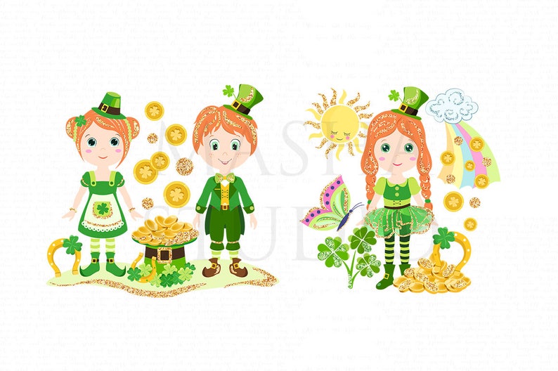 St Patricks Day Clipart Irish Girl Clipart Cute Leprechaun Illustration St Patricks Day Planner Stickers Gold Pot Clipart Gold Clipart image 2