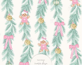 Christmas Garland Seamless Pattern by Masha Studio, Cute Pink Gingerbread Girl, Hand Drawn Repeat File for Commercial Use (Digital Download)
