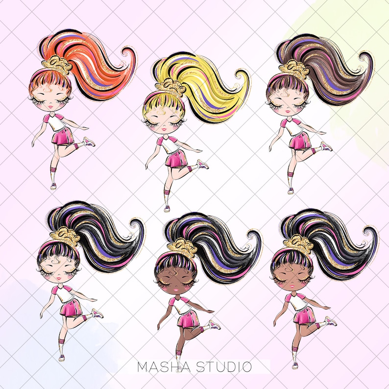 Puede incluir: Seis ilustraciones digitales de chicas con diferentes colores de pelo y tonos de piel. Cada chica lleva una camisa blanca con una falda rosa y calcetines blancos. Todas llevan una diadema dorada con una coleta. Las chicas est&aacute;n todas en diferentes poses, con las piernas levantadas y los brazos extendidos. El fondo es un patr&oacute;n de cuadros rosa claro y blanco.