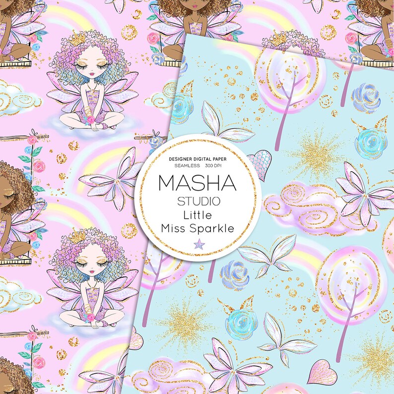 May include: A seamless digital paper pattern featuring fairies with pink and purple wings, sitting on clouds with gold glitter accents. The background is a light blue with rainbow accents and gold glitter. The text "MASHA STUDIO Little Miss Sparkle" is in a circle with a gold star.