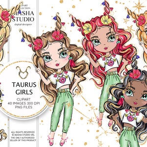 Masha Studio's Zodiac Taurus Sign, Taurus Clipart, Zodiac Clipart, Astrology Clipart, Planner Stickers, Zodiac Illustration, Taurus Girl
