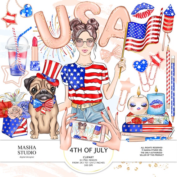 4th of July Clipart, Patriotic Clipart, American Girl Clipart, Independence Day Clipart, American Clipart, American Flag,  American Planner