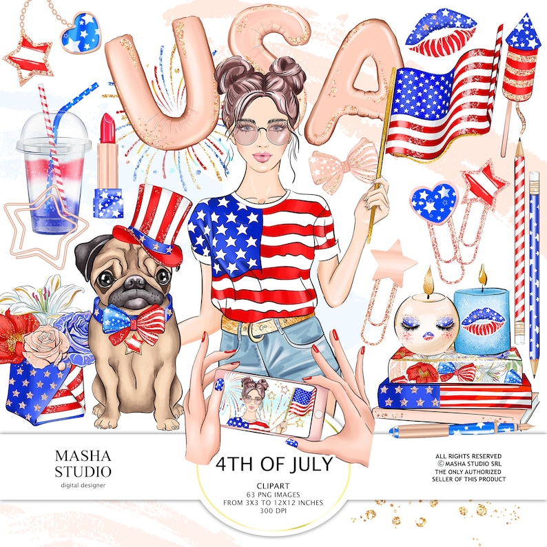 May include: A digital clipart set featuring a woman wearing a red, white, and blue shirt with a USA flag design, holding a small American flag. The set also includes a pug wearing a red, white, and blue bow tie, a candle with a red, white, and blue design, and other patriotic elements. The text "4th of July" is included in the image.